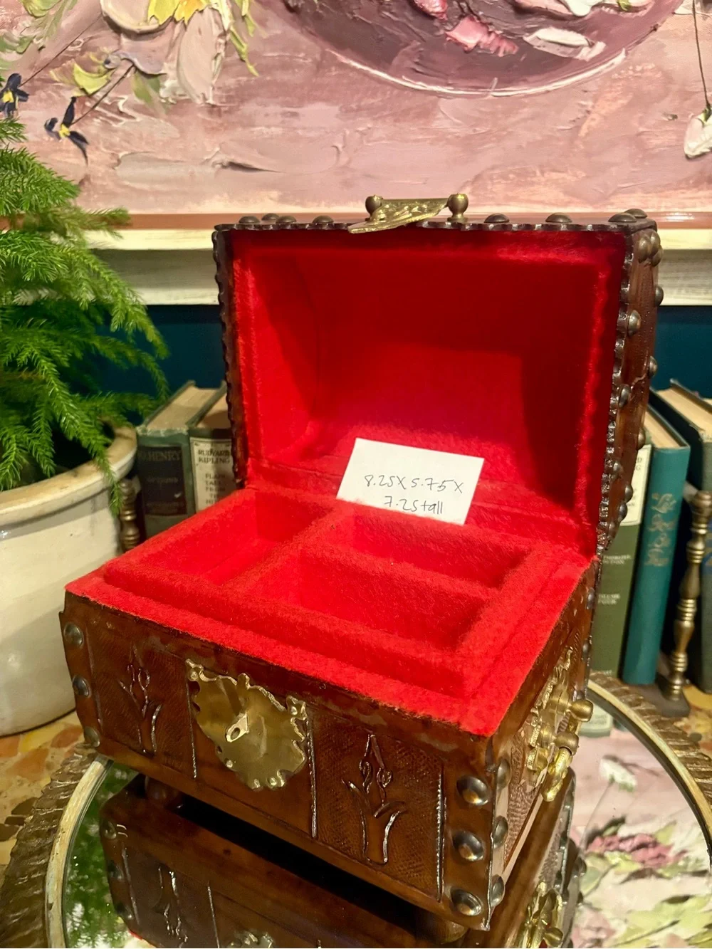 Vintage Brown Leather Jewelry Trunk with Brass Hardware